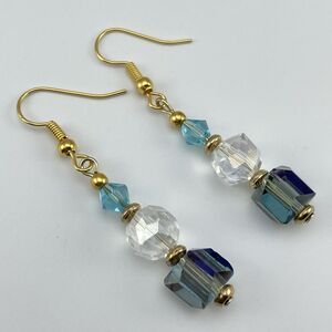 Stunning Blue White AB Glass Beaded Dangle Earrings Gold Tone Boho Cute